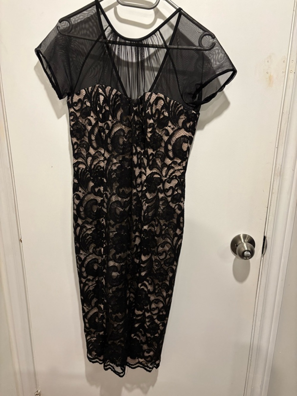 Black Lace Overlay Midi Dress with Nude Lining